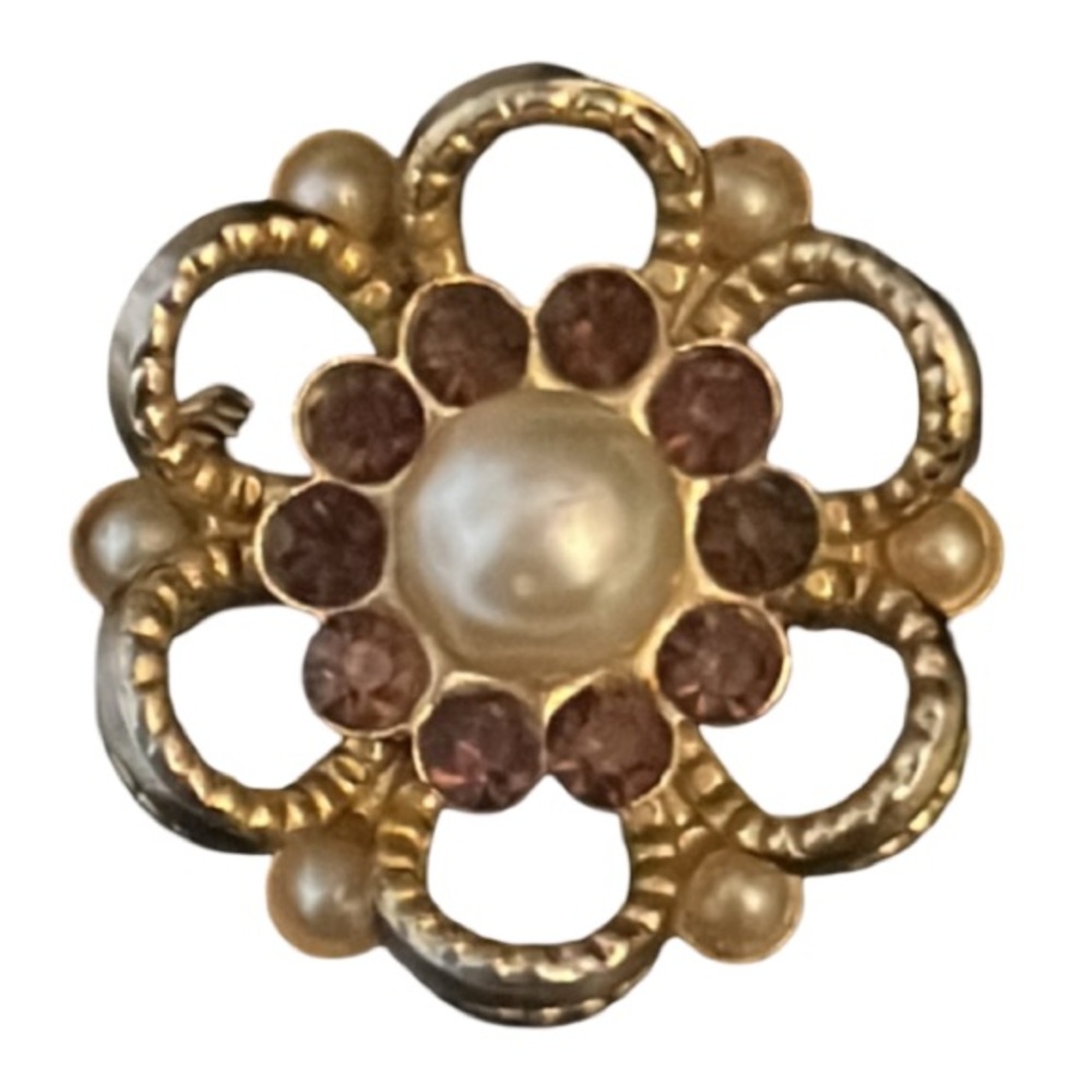 Vintage Gold Plated Purple Crystal Rhinestone Pearl 3D Floral Mini Brooch